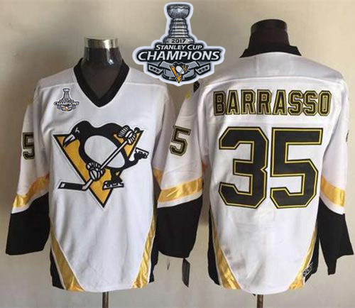 Penguins #35 Tom Barrasso White CCM Throwback Stanley Cup Finals Champions Stitched NHL Jersey - Click Image to Close